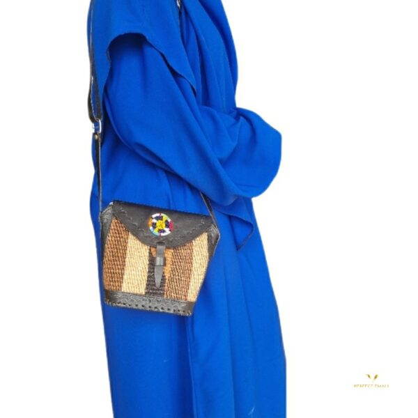 Women Shoulder Leather and beaded Bag, Leather Handle Brown - Image 3