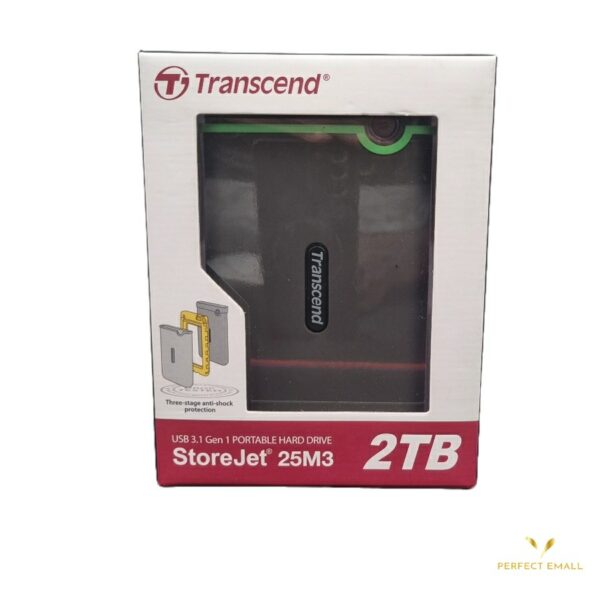 Transcend-StoreJet-25M3-External-Hard-Drive-2TB a black hard drive in a white box