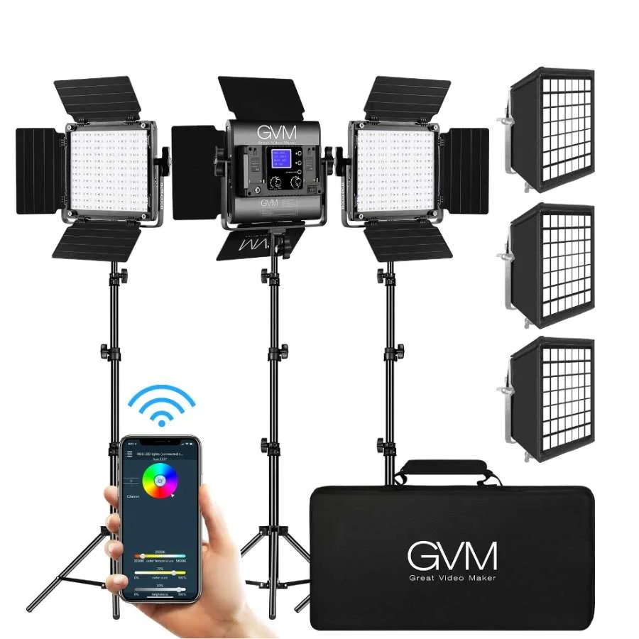 GVM-800D-II-3L-Kit LED Video Lighting Kit – 3-Light Bi-Color Panel Set with Stands and Carry Bag