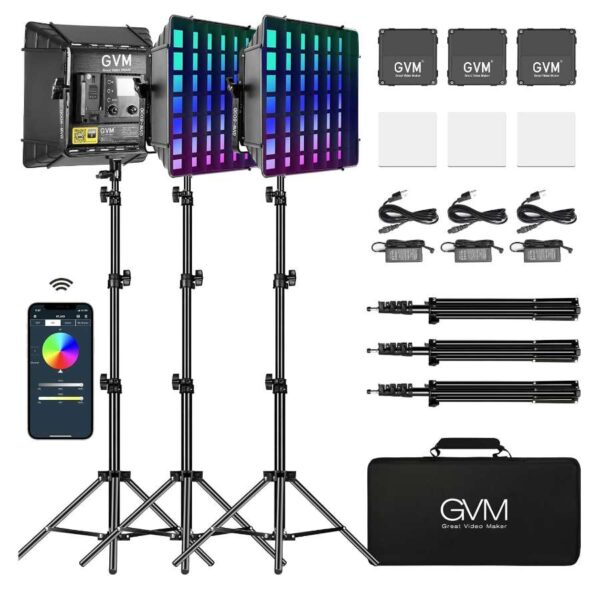 GVM-800D-II-3L-Kit LED Video Lighting Kit – 3-Light Bi-Color Panel Set with Stands and Carry Bag