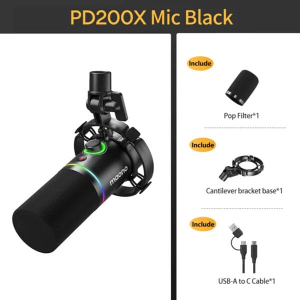 Maono PD200X Dynamic Microphone – USB/XLR Dual Output with RGB Lighting