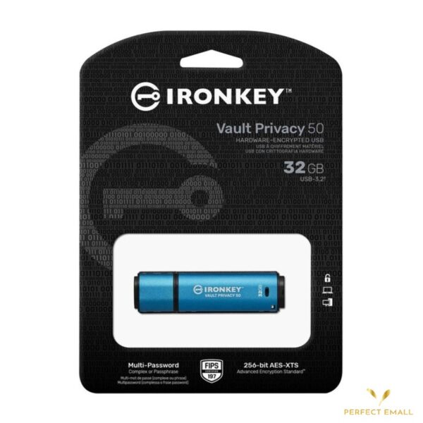 Kingston IronKey Vault Privacy 50 32GB | Encrypted USB 3.2 Flash Drive | USB-A | Blue